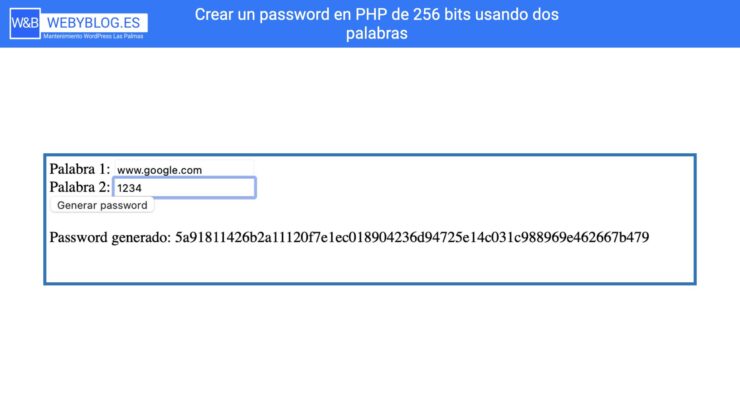 crear un password en php de 256 bits usando dos palabras